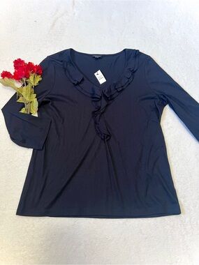 Talbots NWT Elegant Black Ruffle V-Neck Blouse - Large